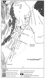 Fuente: “Actualización en el límite entre sierras pampeanas occidentales y precordillera oriental, en la provincia de San Juan”. Juvenal Zambrano y Graciela Suvires (2006). Revista de la Asociación Geológica Argentina, 63, pp: 110-116.